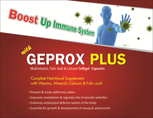 GEPROX-PLUS (Green Tea Extract 50% 25 mg Essential Vitamins Vitamin B6 1 mg, Vit B2 1.5 mg Vitamin B1 5 mg, Vit B12 2 mcg Vit D3 200 Iu, Folic Acid 400 mcg D-calcium Panthothenate 5 mg Niacinamide 10 mg, Potassium Sulphate 2 mg Calcium Carbonate 50 mg Copper Sulphate)