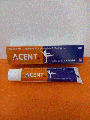 Acent Gel (Aceclofenac 1.5% w/w + Methyl Salicylate 10% w/w, Oleum Lini (Contains Linolenic Acid) 3% w/w + Capsaicin 0.01% w/w + Menthol 5% w/w + Benzyl Alcohol 1% w/w)