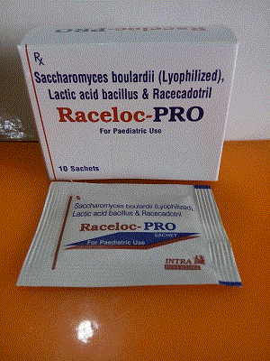 Raceloc-Pro Probiotic Sachet (Racecadotril 50mg + (Lyophilized) Saccharomyces boulardil 282.5mg + Lactic Acid Bacillus 100 million Spores)