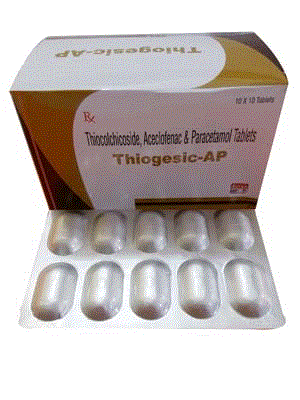 Thiogesic-AP Tabs (Thiocolchicoside 4mg + Aceclofenac 100mg + Paracetamol 325mg)