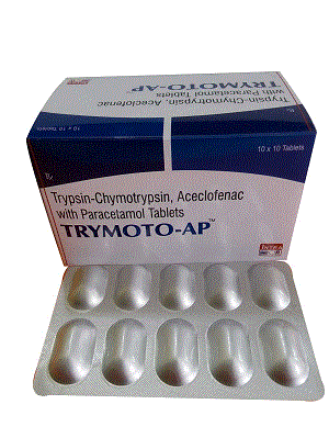 Trymoto-AP Tabs (Trypsin – Chymotrypsin 50,000 A.U.+ Aceclofenac 100mg + Paracetamol 325mg)