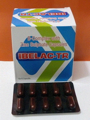 Ibelac-TR Caps (Lactic acid bacillus 1000 lac sporogenous + Vit.B2 10mg + Vit. B6 3mg+ B1 10mg + Vit. B12 10mcg + Folic Acid 1500mcg + Vit. B3 75mg + Calcium Pantothenate 20mg + Vit. C 75mg + Zinc sulphate 61.8mg)