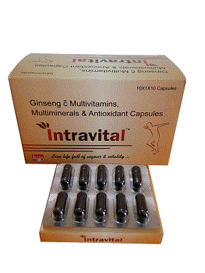 Intravital Caps (Vitamin A 2500I.U. + Vitamin B1 1mg + Vitamin B2 1.5mg + Vitamin B6 1 mg + Vitamin B12 1mcg + Vitamin C 50mg + Vitamin D3 200 I.U. + Vitamin E 5mg+ Calcium Pantothenate 5mg + Niacinamide 15mg + Folic Acid 0.15 mg + Calcium 75 mg + Phosphorus 58 mg+ Ferrous Fumarate 30 mg + Zinc 10 mg + Magnesium 3mg Manganese 0.5 mg+ Copper 0.5mg + Ginseng 42.5 mg)
