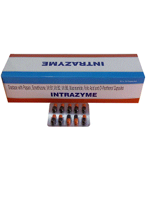 Intrazyme Caps (Lactobacillus sporogenous 10×40 + Diastase (1:800) 25mg + Papain 20mg + Simethicone 40mg + Vit B1 1mg + Vit B2 2.5mg + Vit B6 0.5mg + Niacinamide 15mg + Folic Acid 75mcg + D-Panthenol 1mg)