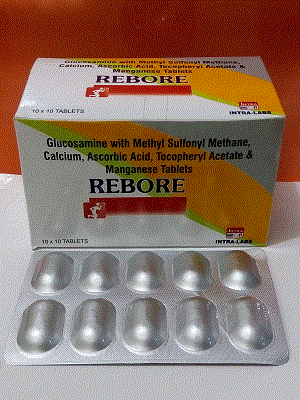 Rebore Tabs (Glucosamine Sulphate 500mg + Methyl Sulfonyl Methane 25mg + Calcium Carbonate 250 mg + Vit.C 25mg + Vit.E 4mg + Manganese 20mg)